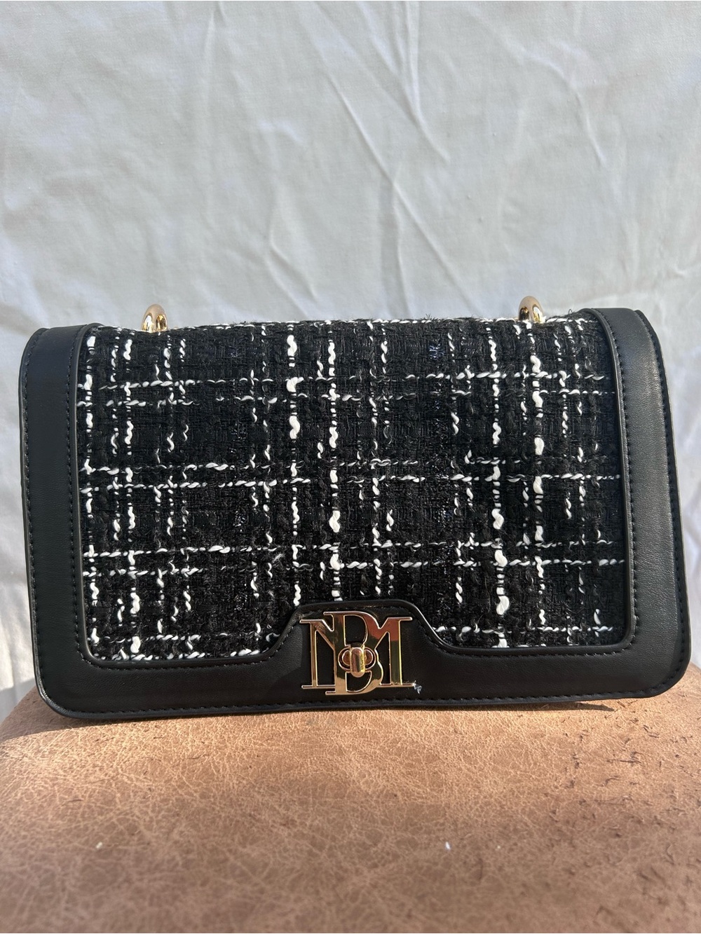 Badgley Mischka Black and White Tweed Shoulder Bag with Gold Hardware